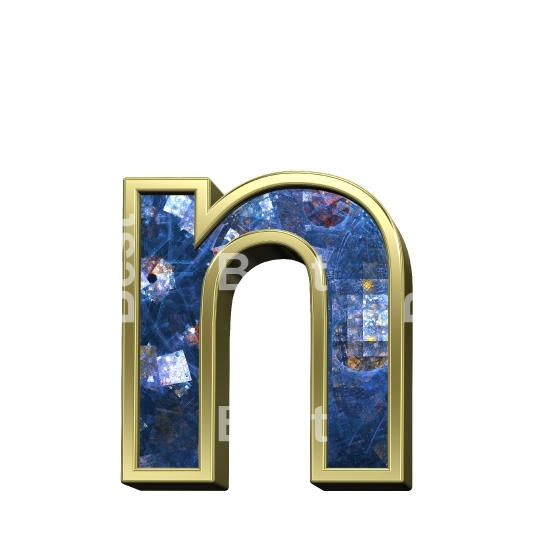 One lower case letter from blue fractal with gold frame alphabet set, isolated on white.