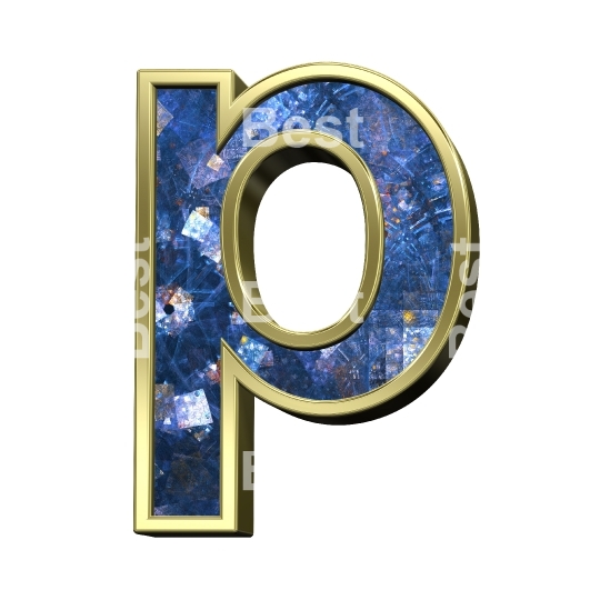 One lower case letter from blue fractal with gold frame alphabet set, isolated on white.