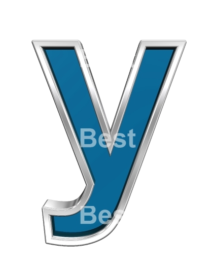 One lower case letter from blue glass with chrome frame alphabet set, isolated on white. 