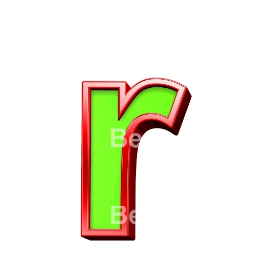 One lower case letter from green with shiny red frame alphabet set, isolated on white. 