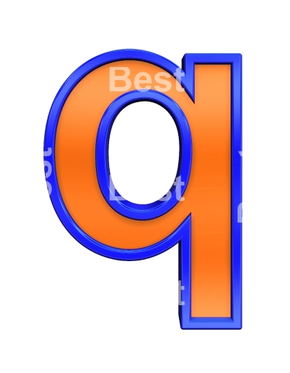 One lower case letter from orange with blue frame alphabet set, isolated on white. 