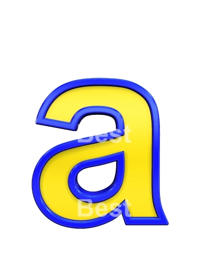 One lower case letter from yellow with blue frame alphabet set, isolated on white. 