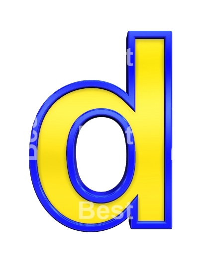 One lower case letter from yellow with blue frame alphabet set, isolated on white. 