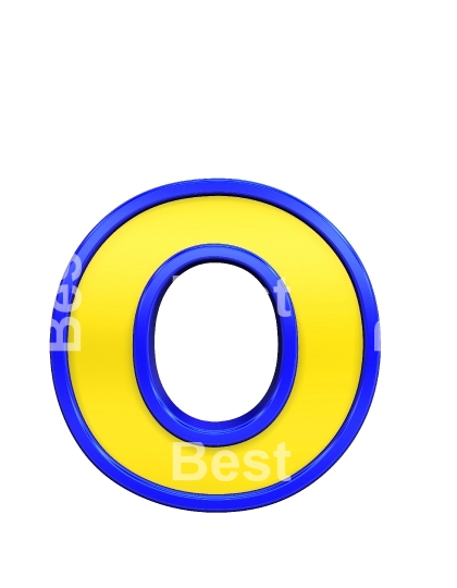 One lower case letter from yellow with blue frame alphabet set, isolated on white. 