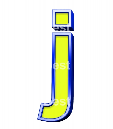 One lower case letter from yellow with shiny blue frame alphabet set, isolated on white. 