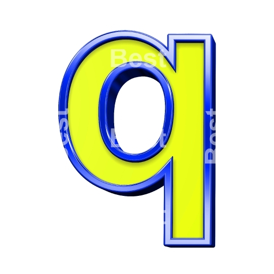 One lower case letter from yellow with shiny blue frame alphabet set, isolated on white. 