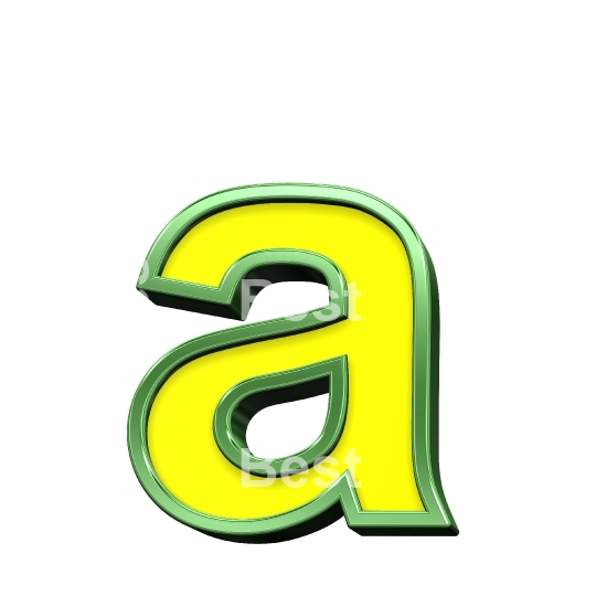 One lower case letter from yellow with shiny green frame alphabet set, isolated on white. 