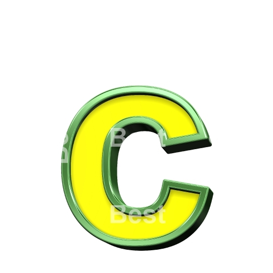 One lower case letter from yellow with shiny green frame alphabet set, isolated on white. 