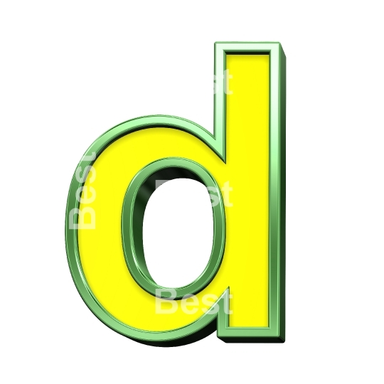 One lower case letter from yellow with shiny green frame alphabet set, isolated on white. 