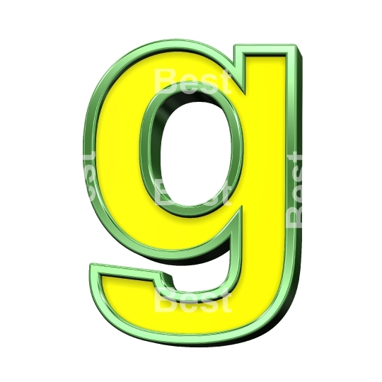 One lower case letter from yellow with shiny green frame alphabet set, isolated on white. 