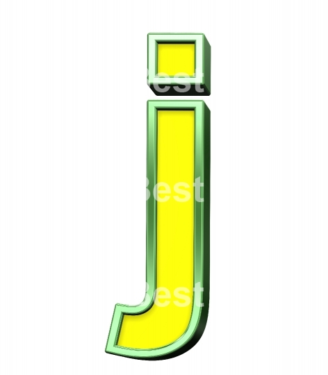 One lower case letter from yellow with shiny green frame alphabet set, isolated on white. 