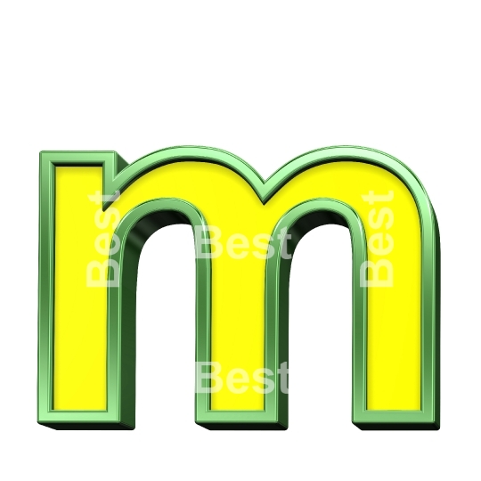 One lower case letter from yellow with shiny green frame alphabet set, isolated on white. 