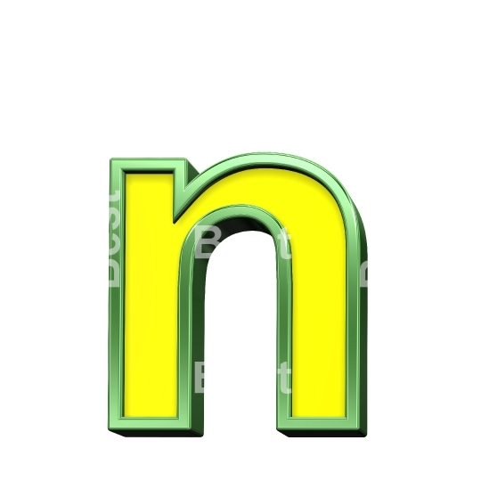 One lower case letter from yellow with shiny green frame alphabet set, isolated on white. 