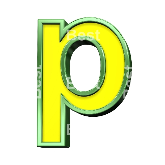 One lower case letter from yellow with shiny green frame alphabet set, isolated on white. 