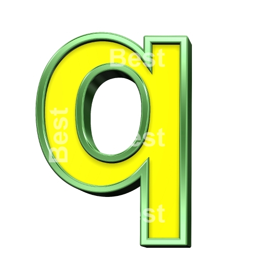 One lower case letter from yellow with shiny green frame alphabet set, isolated on white. 