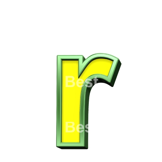 One lower case letter from yellow with shiny green frame alphabet set, isolated on white. 