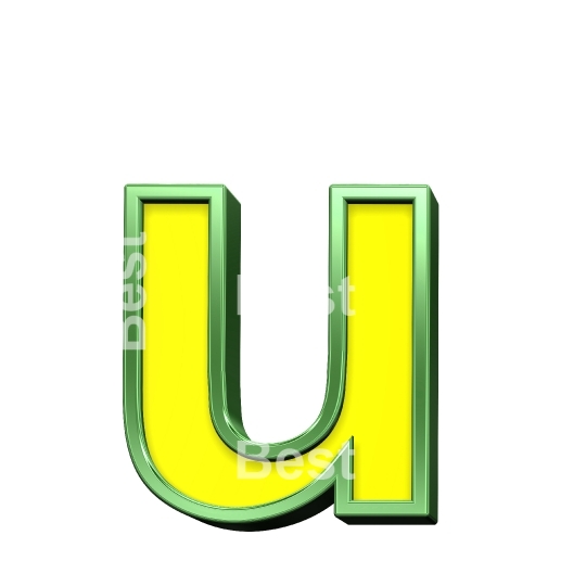 One lower case letter from yellow with shiny green frame alphabet set, isolated on white. 