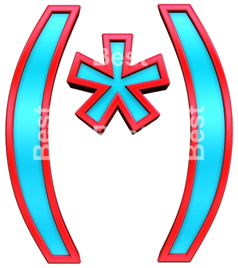 Parenthesis, asterisk from blue with red frame alphabet set, isolated on white. 