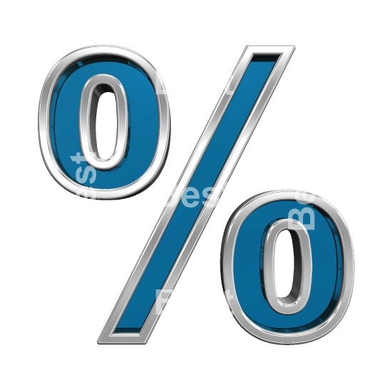 Percent sign from blue glass with chrome frame alphabet set, isolated on white.