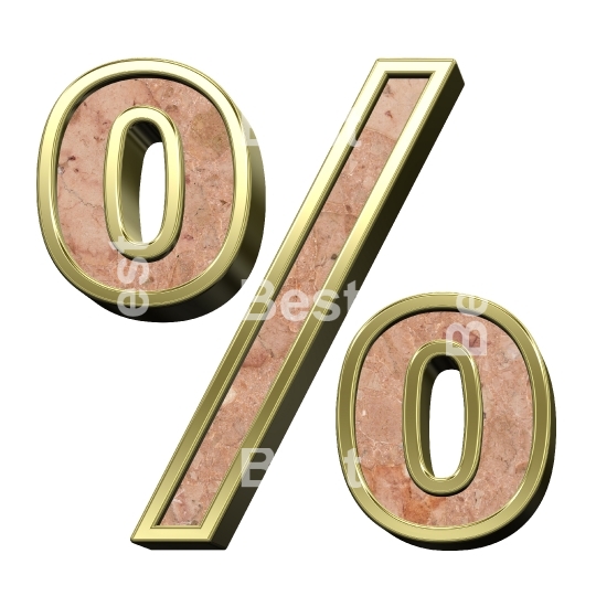 Percent sign from stone conglomerate with gold frame alphabet set isolated over white.