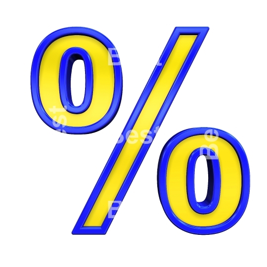 Percent sign from yellow with blue frame alphabet set, isolated on white. 