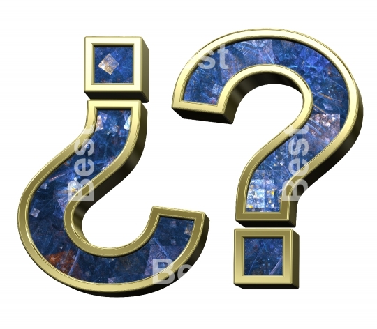 Question mark from blue fractal with gold frame alphabet set, isolated on white.