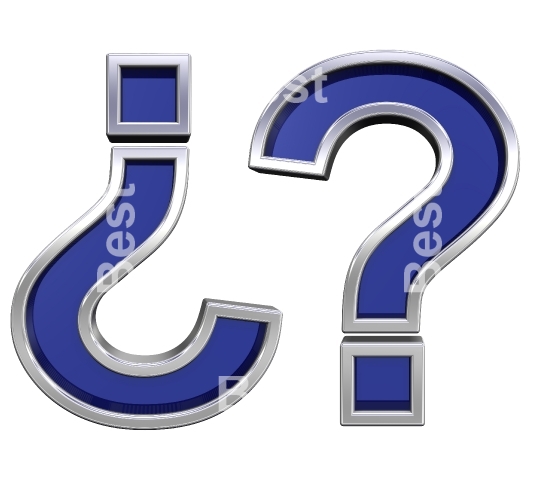 Question mark sign from blue glass with chrome frame alphabet