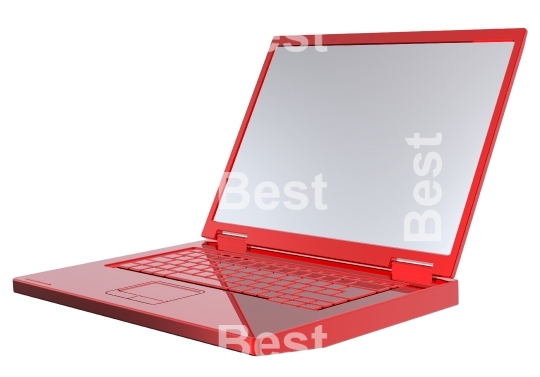 Red laptop isolated on white.