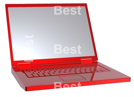 Red laptop isolated on white.