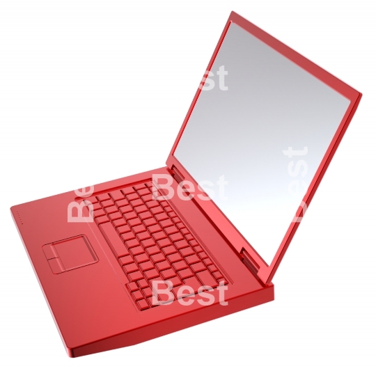 Red laptop isolated on white.