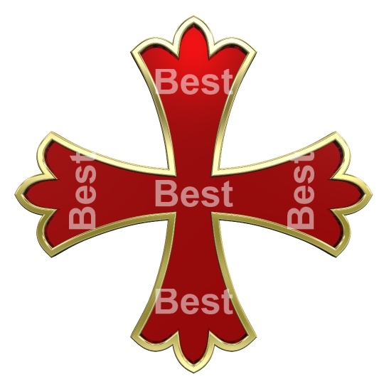 Red with gold frame heraldic cross isolated on white. 