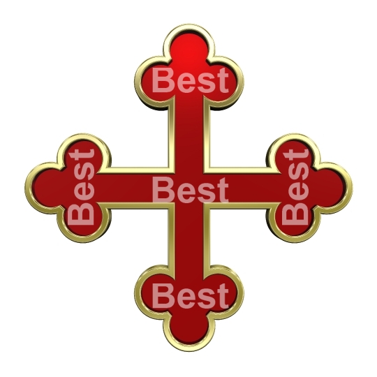 Red with gold frame heraldic cross isolated on white. 