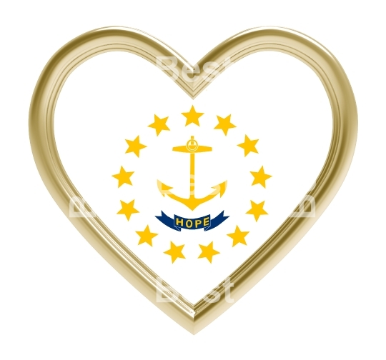 Rhode Island flag in gold heart isolated on white background