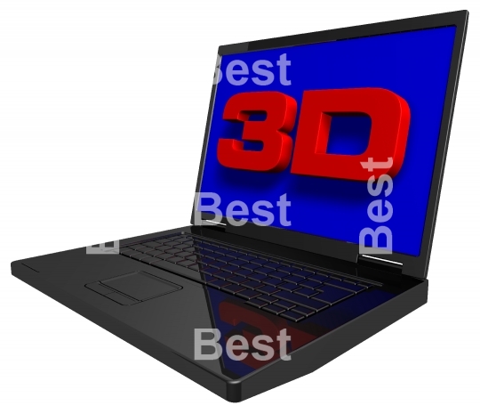 Shiny black laptop with 3D screen isolated on white.