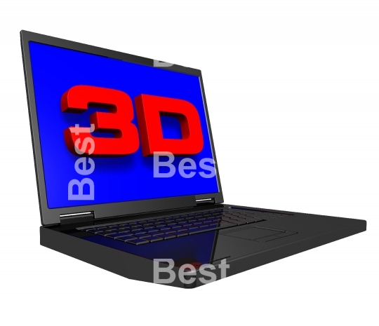 Shiny black laptop with 3D screen isolated on white.