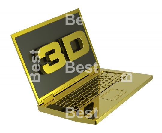 Shiny gold laptop with 3D screen isolated on white.