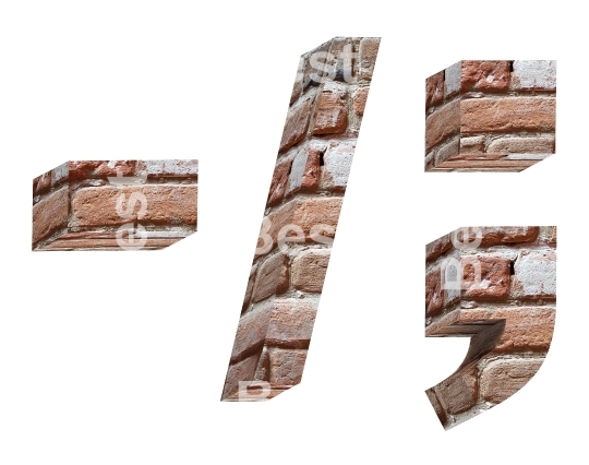 Signs from old brick alphabet set isolated over white.