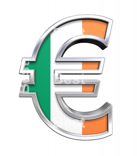 Silver Euro sign with Ireland flag isolated on white.