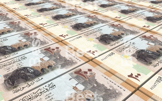 Syrian pounds bills stacks background