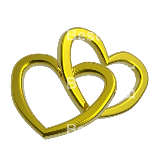 Two joined gold hearts on white background