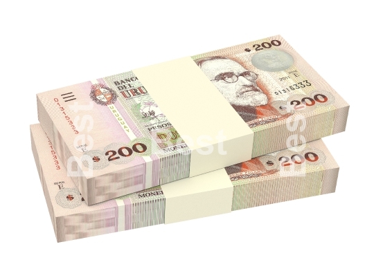Uruguayan peso bills isolated on white background. 