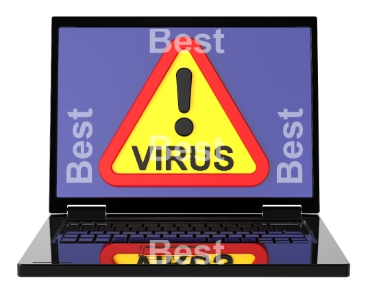 Virus warning sign on laptop screen. 