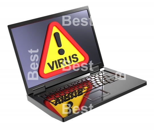 Virus warning sign on laptop screen. 