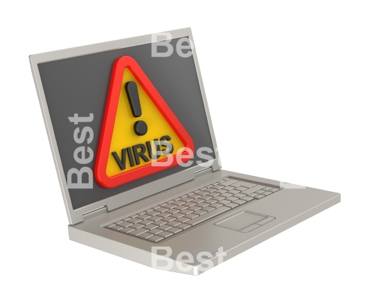 Virus warning sign on laptop screen. 