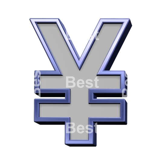 Yen sign from gray with blue frame alphabet set, isolated on white